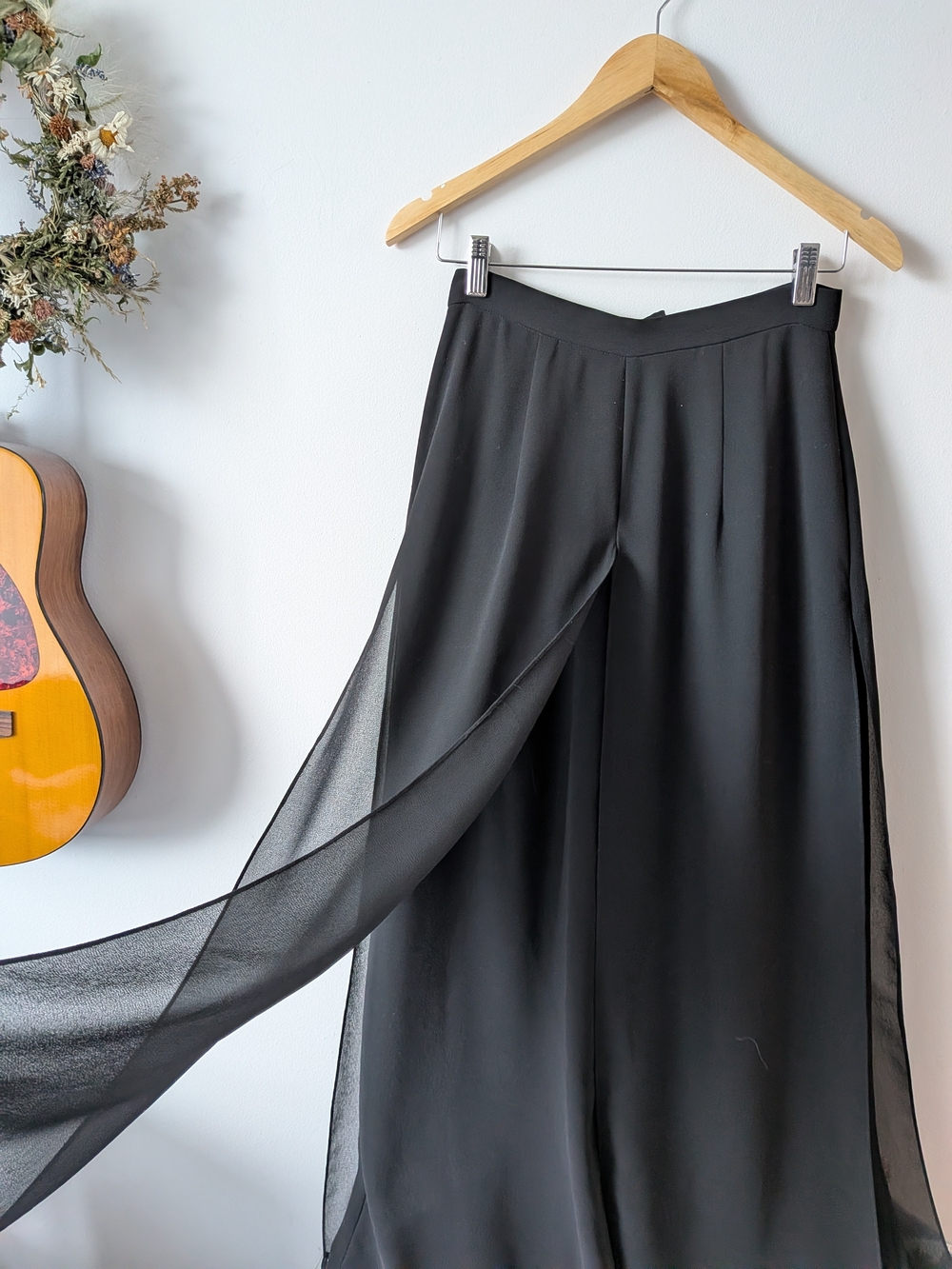 Women’s Black Wide-Leg Crepe Sheer Overlay Pants